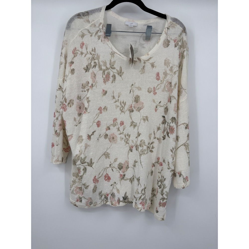 J Jill Cream Petite Floral Linen Blend Lightweight Sweater Knit Top LP NWT